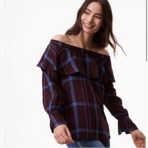 NWT Ann Taylor LOFT Burgundy blue plaid long sleeve off the shoulder blouse XSP